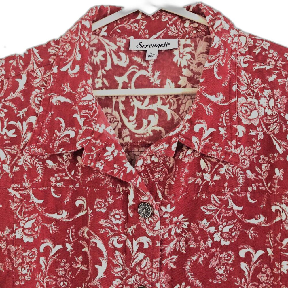 Serengeti Western Trucker Shacket Womens Sz L Red Bandana Floral Light Cotton - Picture 3 of 13